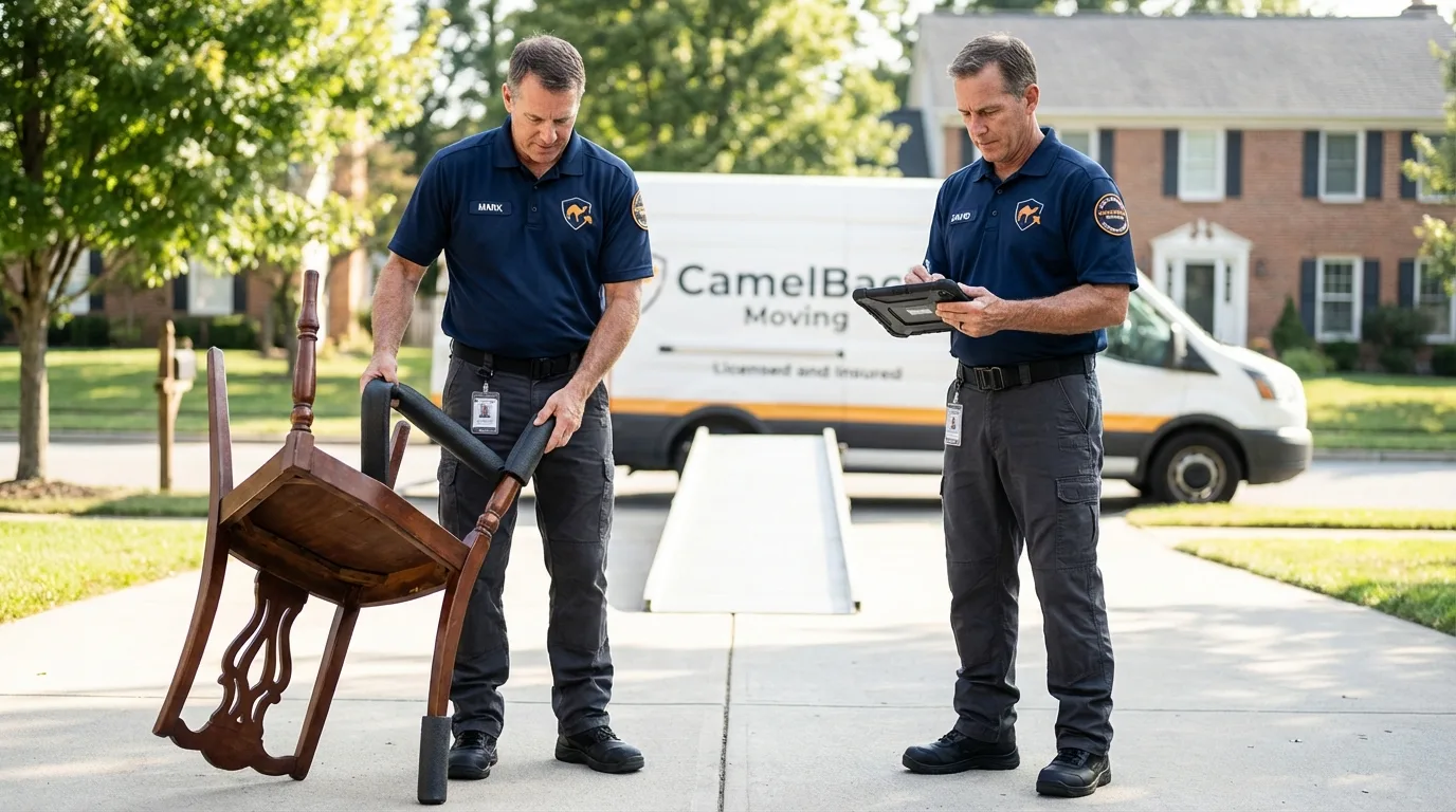 Movers inspecting furniture for damage prevention before loading in Quinnesec, MI