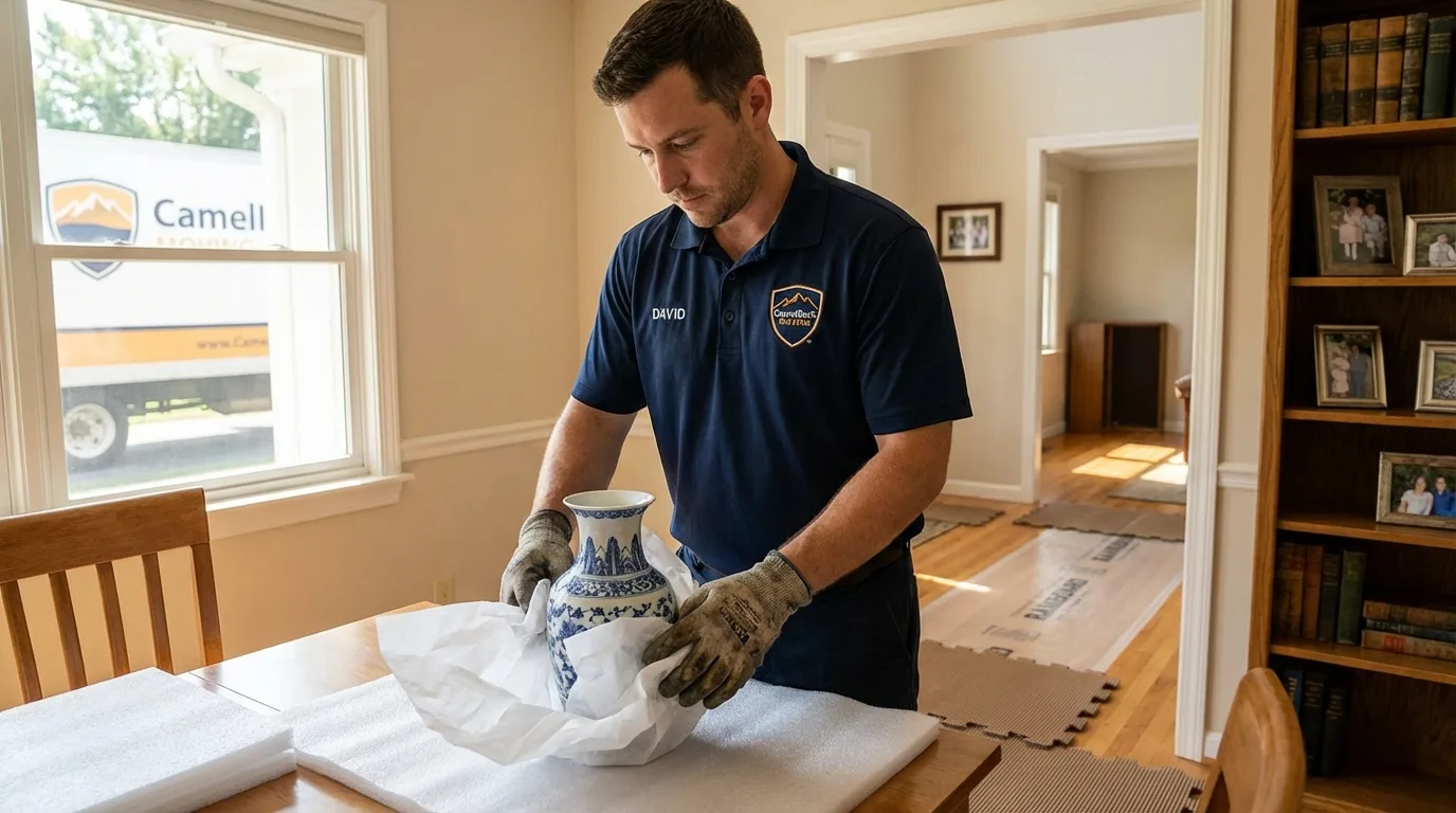 Professional crew carefully wrapping antique vase for senior downsizing move in Quinnesec, MI